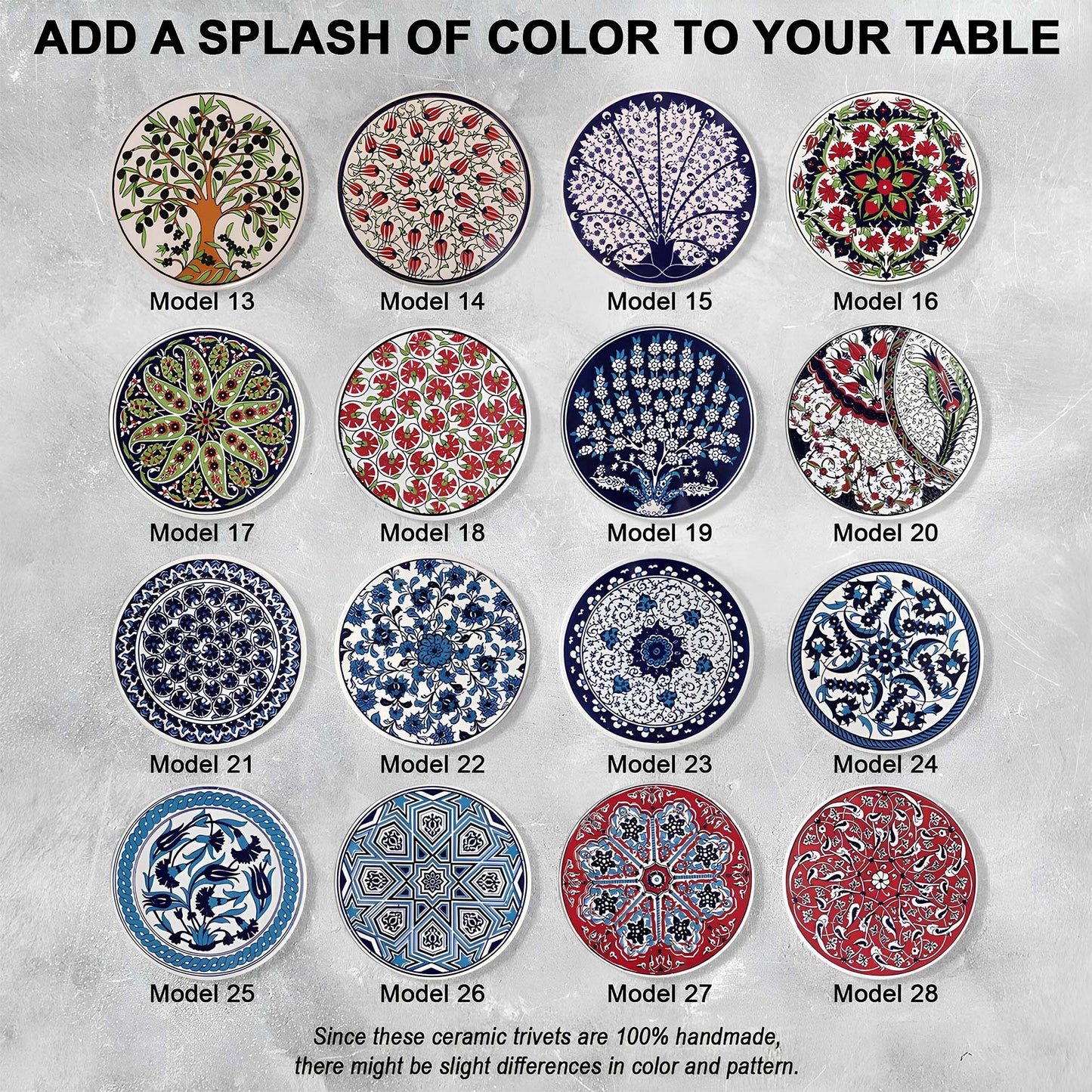 Collection of ceramic trivets with various patterns on a textured surface.