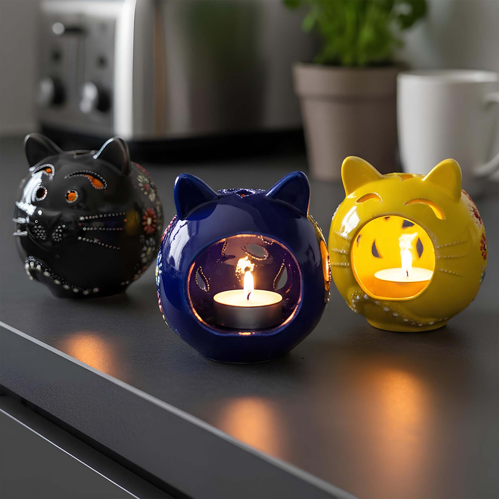 Cat design ceramic tealight candle holder handmade, hand-painted lantern for home décor, artisan ceramic candle holder for real or LED tealight candles
