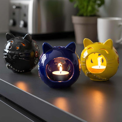 Cat design ceramic tealight candle holder handmade, hand-painted lantern for home décor, artisan ceramic candle holder for real or LED tealight candles