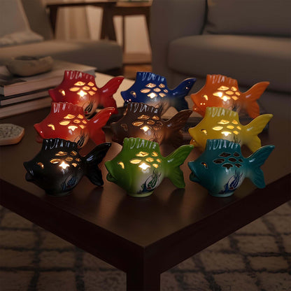 Fish design ceramic tealight candle holder handmade, artisan hand-painted ceramic lantern for home décor, works with real tealight or LED candles