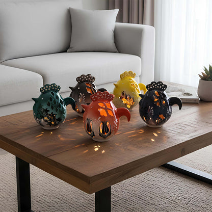 Rooster design ceramic tealight candle holder handmade, artisan hand-painted rooster lantern, fits real tealight or LED candles for rustic home décor