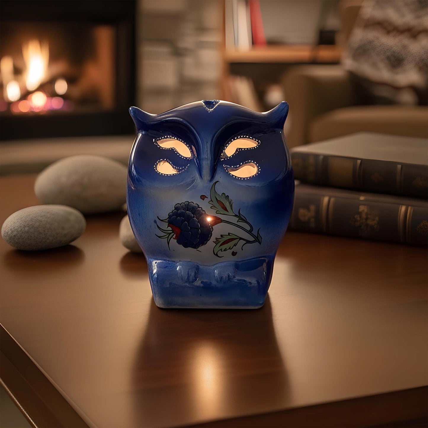 Owl design ceramic tealight candle holder handmade, artisan hand-painted owl-shaped lantern, fits real tealight or LED candles for cozy home décor