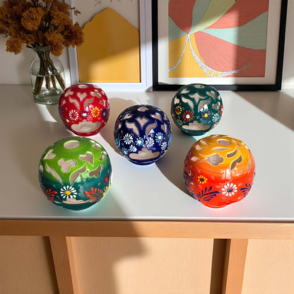 Orb design ceramic tealight candle holder handmade, artisan hand-painted round ceramic lantern for home décor, fits real tealight or LED candles