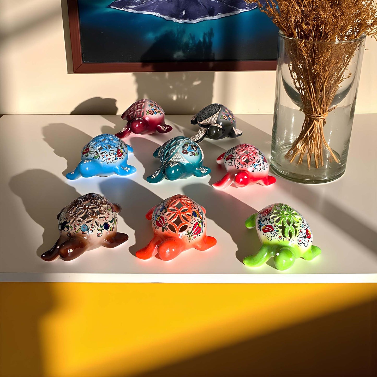 Hand-painted turtle design ceramic tealight candle holder, artisan handmade lantern for home décor, fits real tealight or LED candles