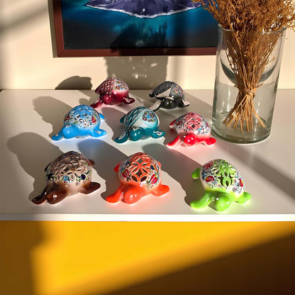 Hand-painted turtle design ceramic tealight candle holder, artisan handmade lantern for home décor, fits real tealight or LED candles