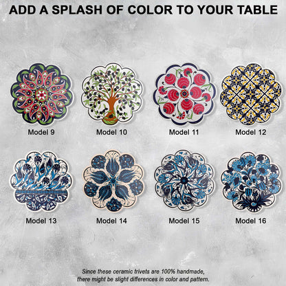 Set of eight ceramic trivets with various floral and geometric patterns on a textured gray background.