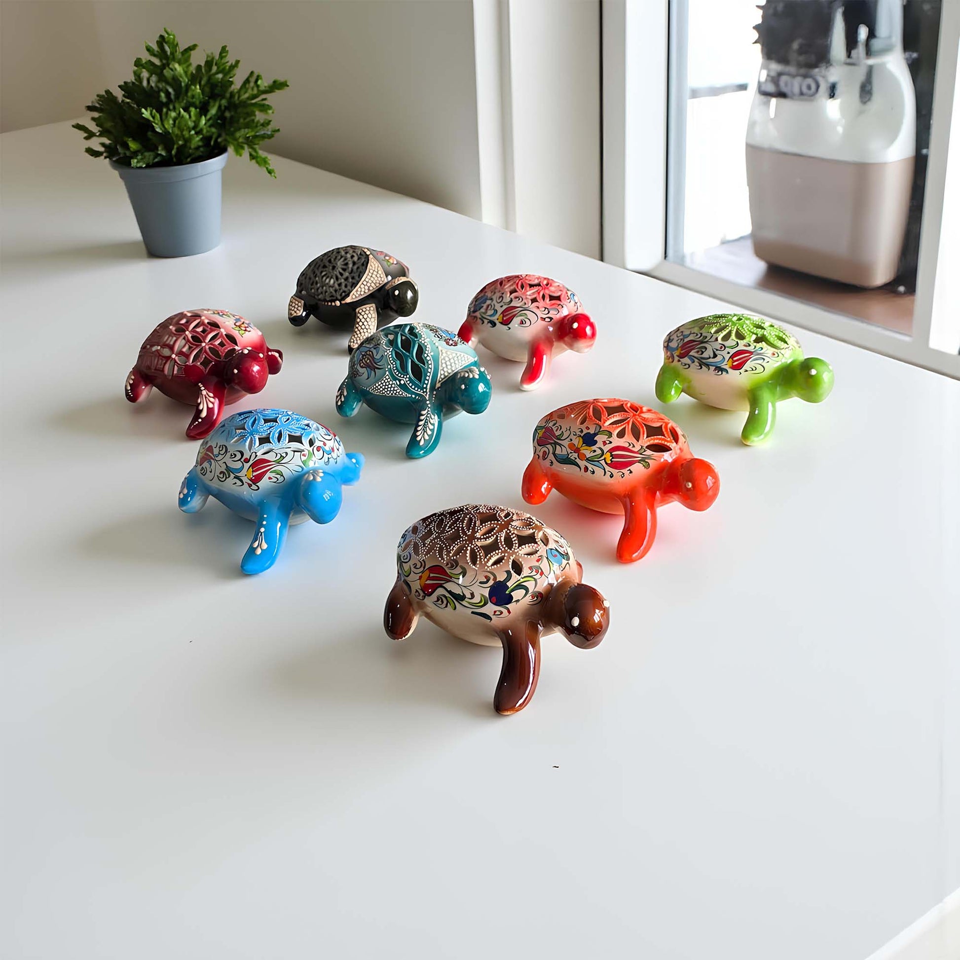 Hand-painted turtle design ceramic tealight candle holder, artisan handmade lantern for home décor, fits real tealight or LED candles
