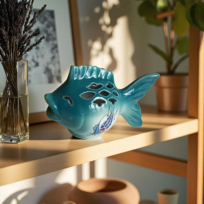 Fish design ceramic tealight candle holder handmade, artisan hand-painted ceramic lantern for home décor, works with real tealight or LED candles