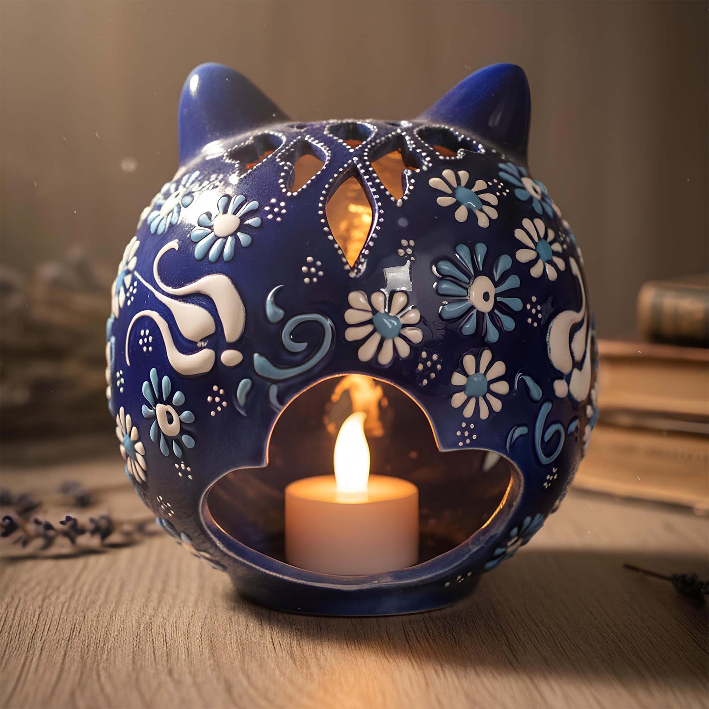 Cat design ceramic tealight candle holder handmade, hand-painted lantern for home décor, artisan ceramic candle holder for real or LED tealight candles