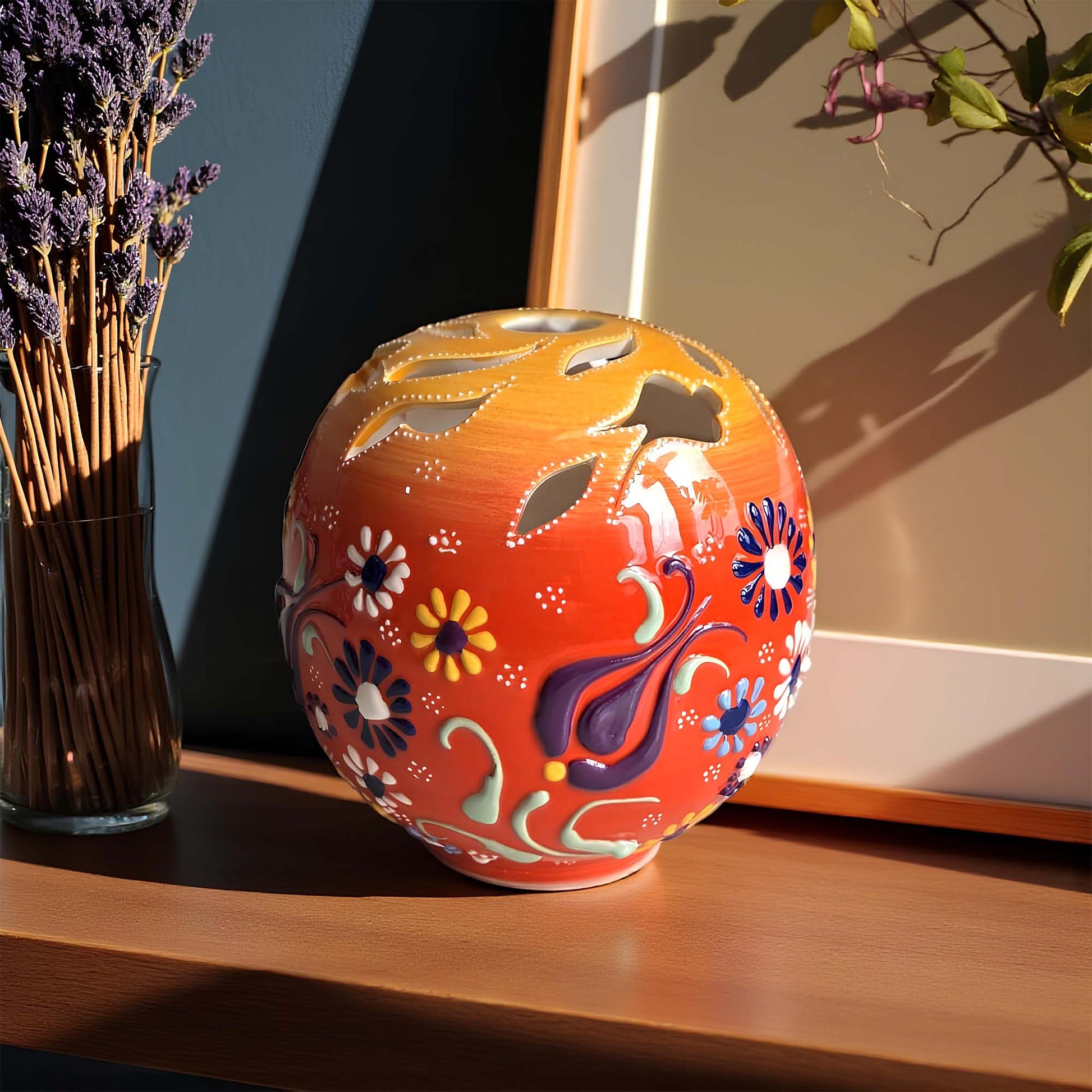 Orb design ceramic tealight candle holder handmade, artisan hand-painted round ceramic lantern for home décor, fits real tealight or LED candles