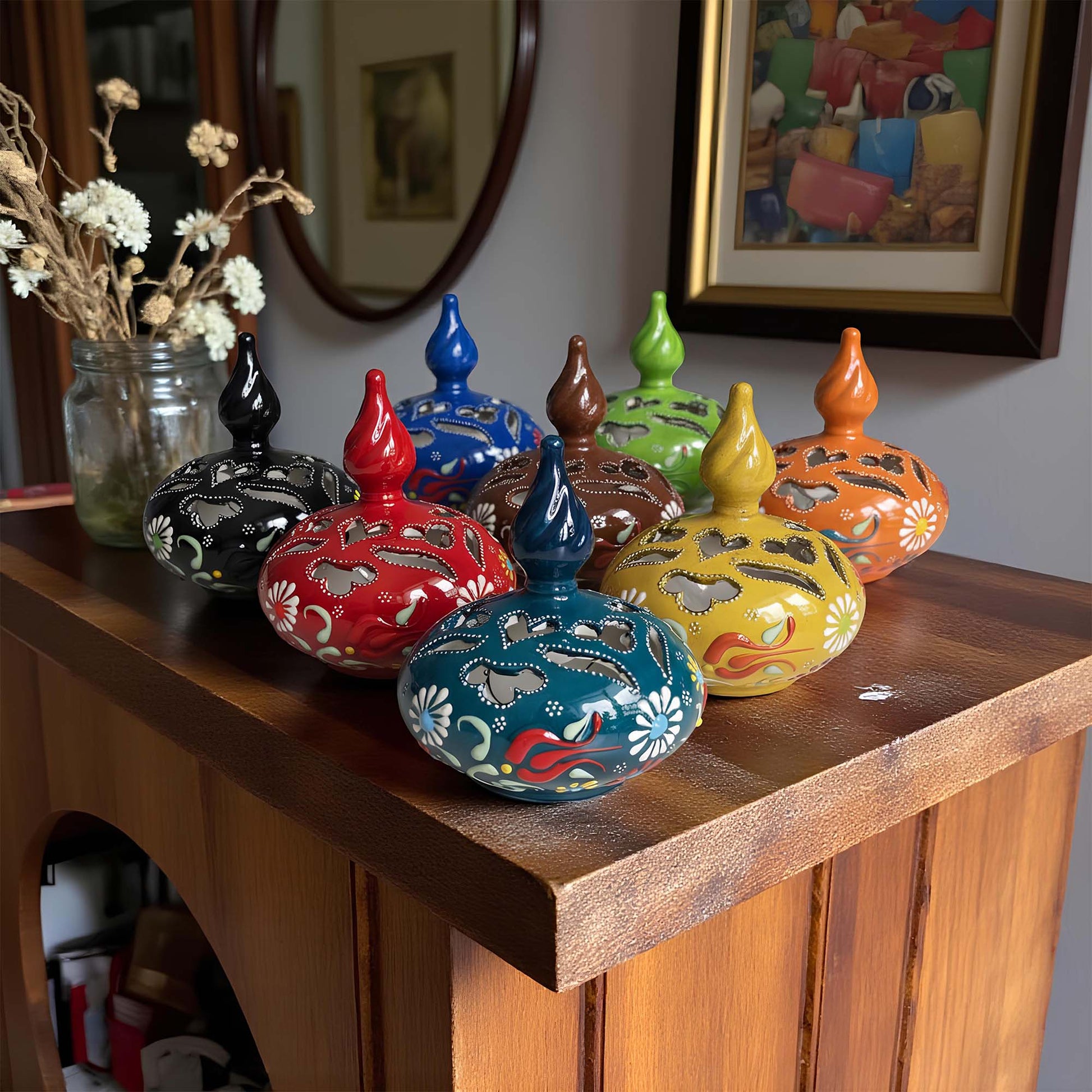 Minaret design ceramic tealight candle holder handmade, artisan hand-painted ceramic lantern for home décor, fits real tealight or LED candles