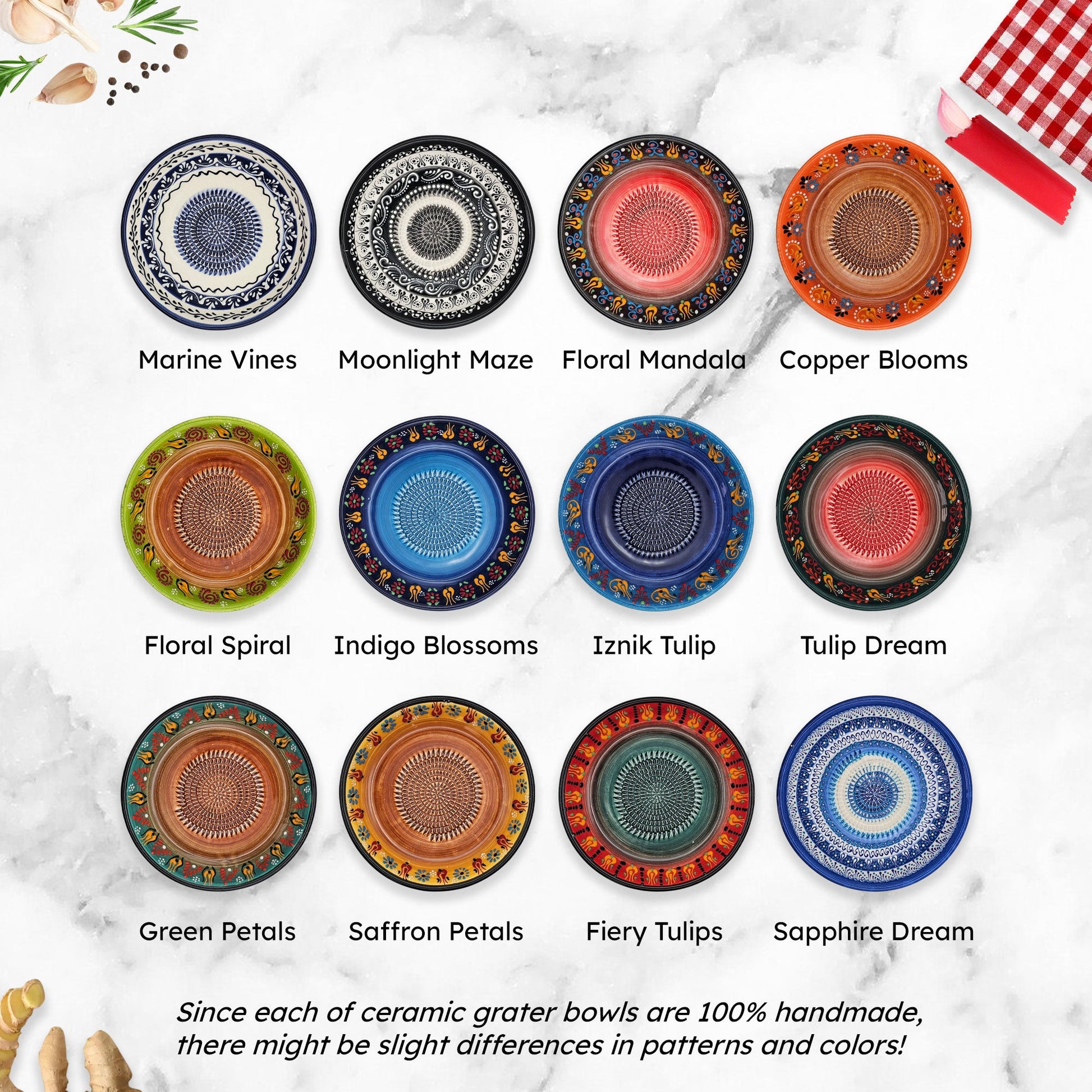 Collection of ceramic garlic grater bowls with various patterns on a marble surface.