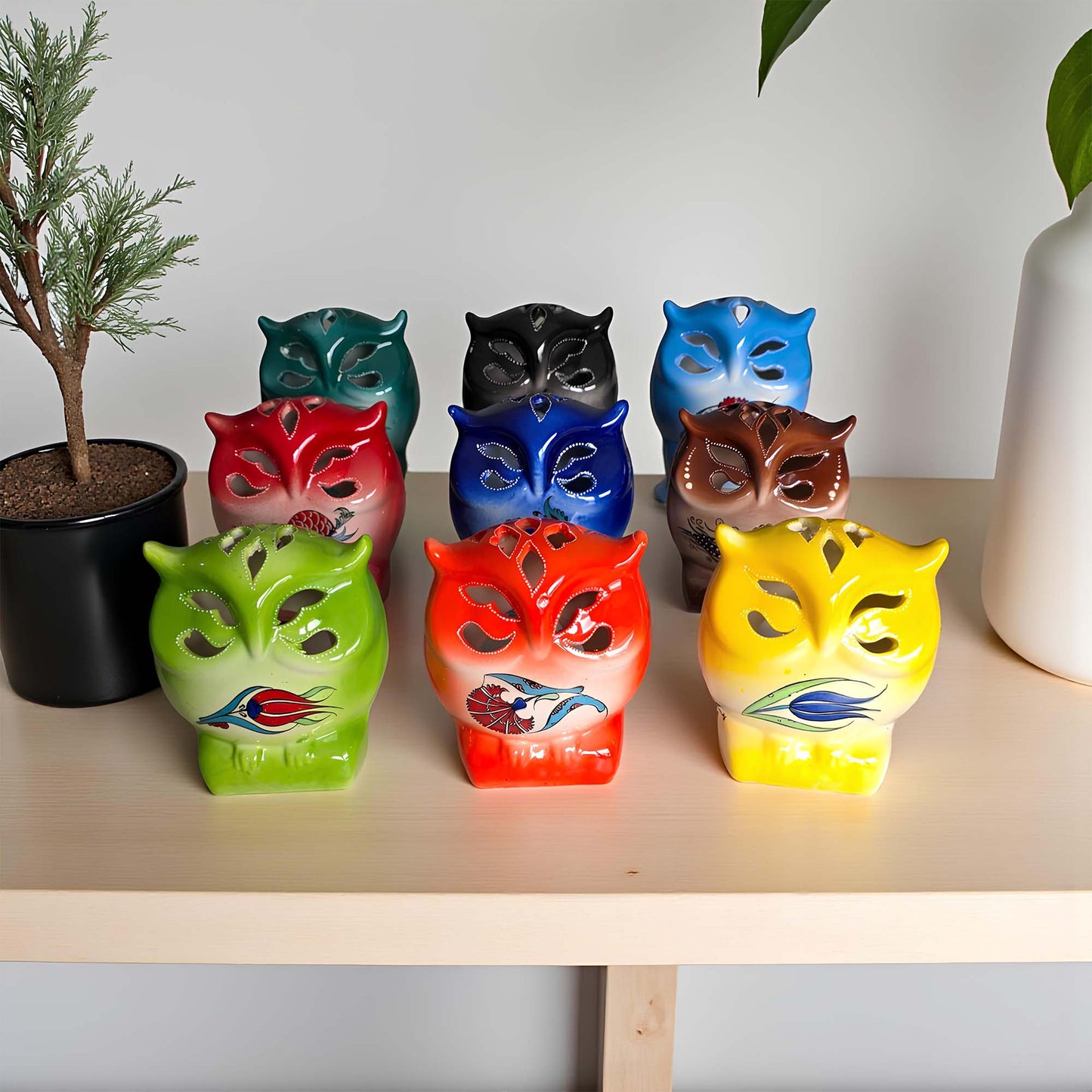 Owl design ceramic tealight candle holder handmade, artisan hand-painted owl-shaped lantern, fits real tealight or LED candles for cozy home décor