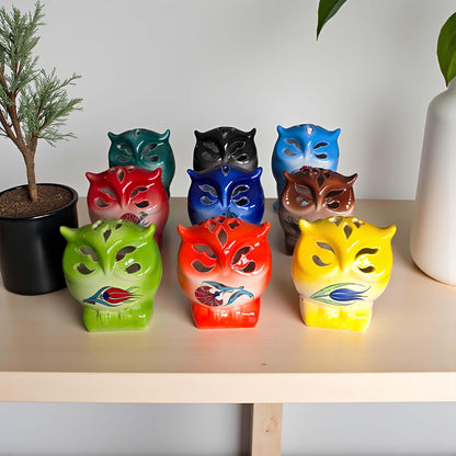 Owl design ceramic tealight candle holder handmade, artisan hand-painted owl-shaped lantern, fits real tealight or LED candles for cozy home décor