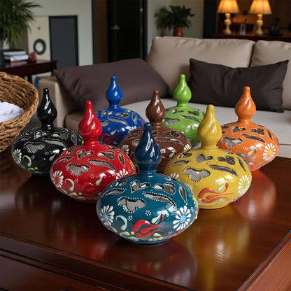 Minaret design ceramic tealight candle holder handmade, artisan hand-painted ceramic lantern for home décor, fits real tealight or LED candles