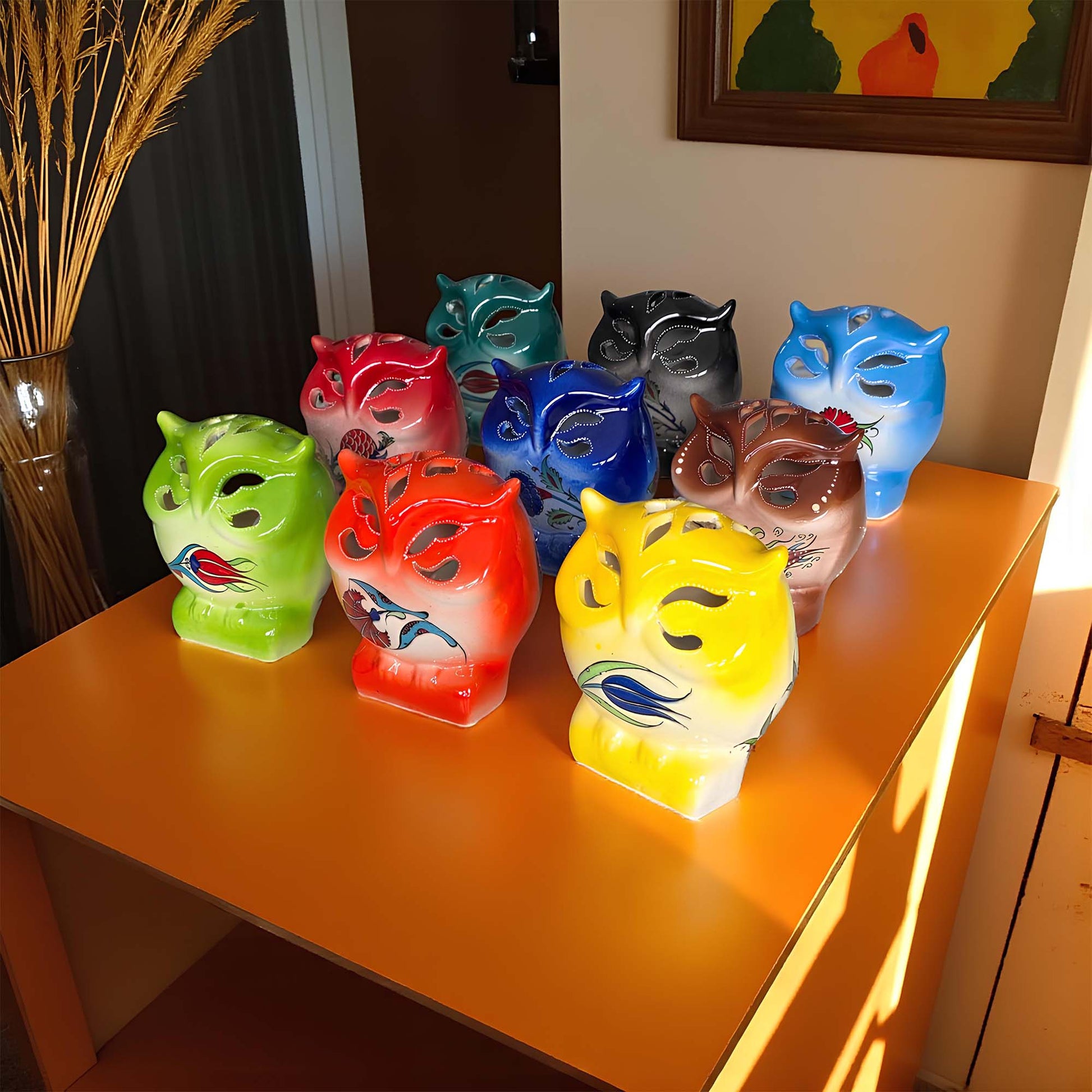 Owl design ceramic tealight candle holder handmade, artisan hand-painted owl-shaped lantern, fits real tealight or LED candles for cozy home décor