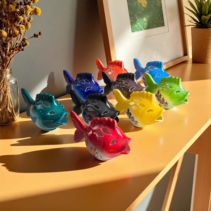 Fish design ceramic tealight candle holder handmade, artisan hand-painted ceramic lantern for home décor, works with real tealight or LED candles