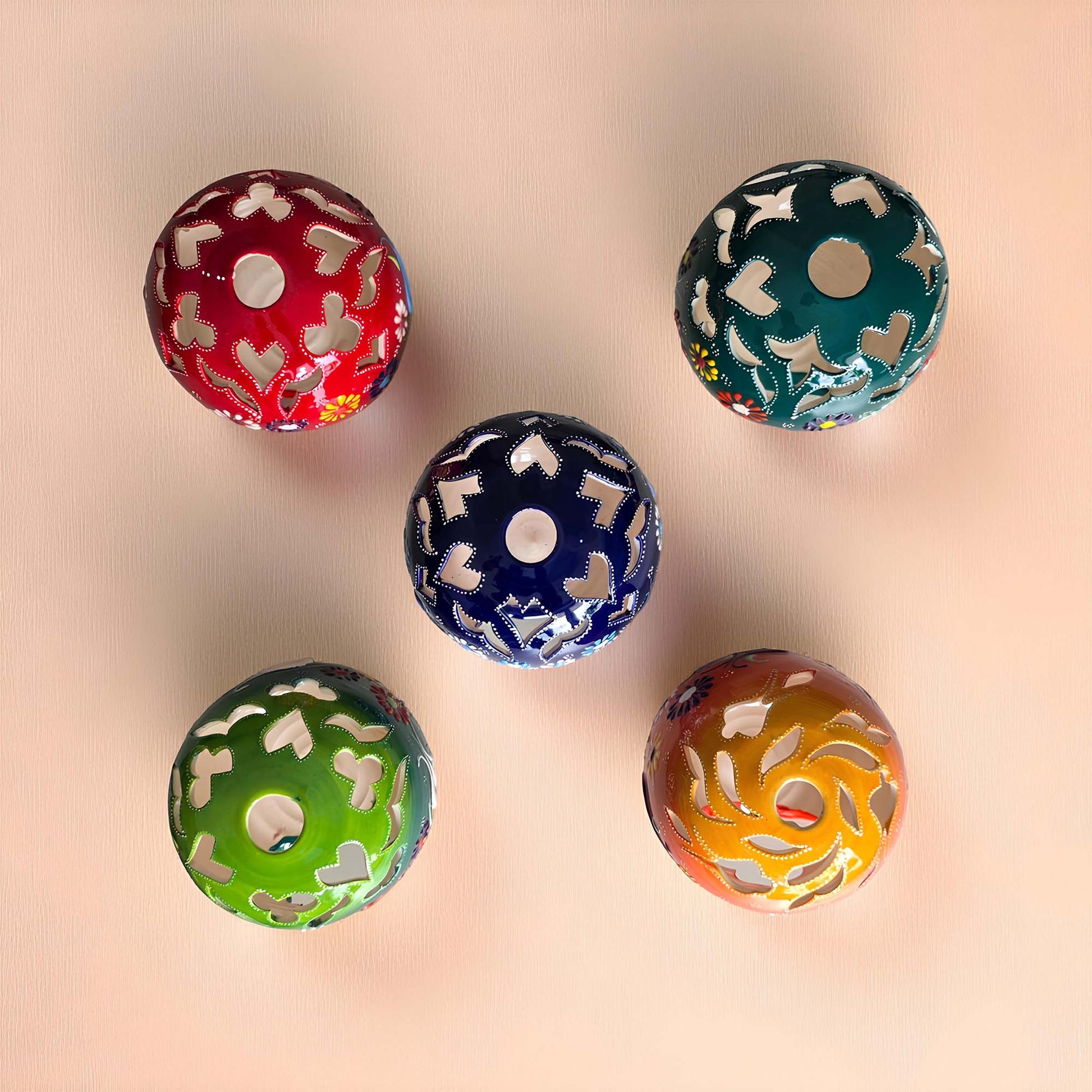 Orb design ceramic tealight candle holder handmade, artisan hand-painted round ceramic lantern for home décor, fits real tealight or LED candles