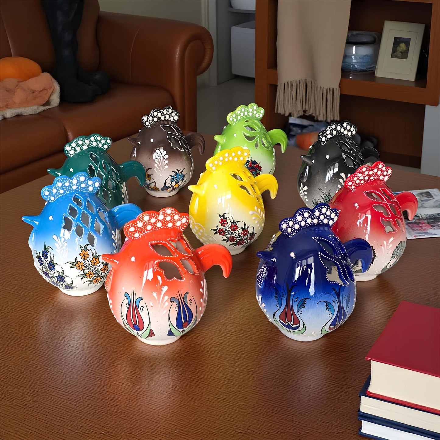 Rooster design ceramic tealight candle holder handmade, artisan hand-painted rooster lantern, fits real tealight or LED candles for rustic home décor