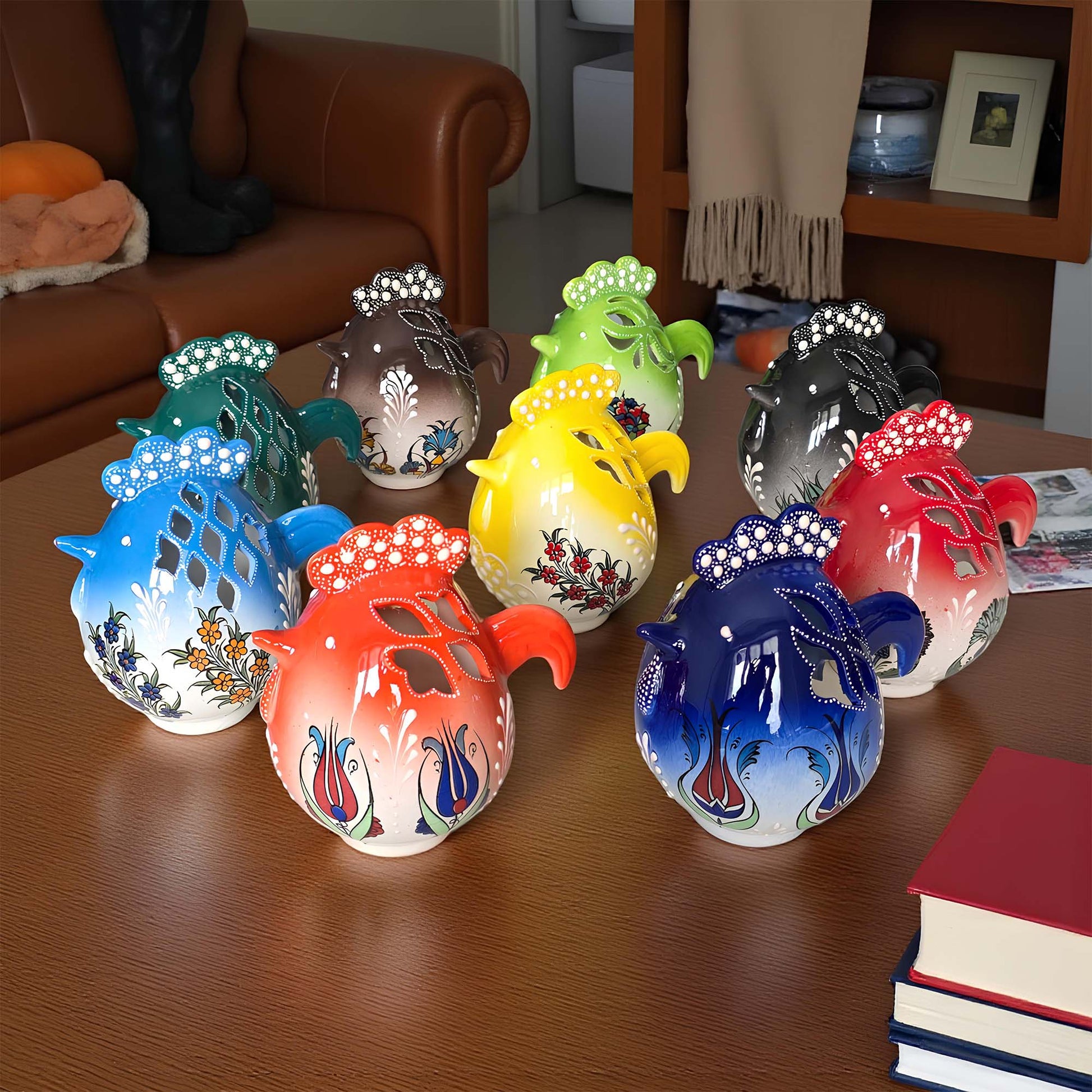 Rooster design ceramic tealight candle holder handmade, artisan hand-painted rooster lantern, fits real tealight or LED candles for rustic home décor