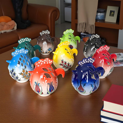 Rooster design ceramic tealight candle holder handmade, artisan hand-painted rooster lantern, fits real tealight or LED candles for rustic home décor