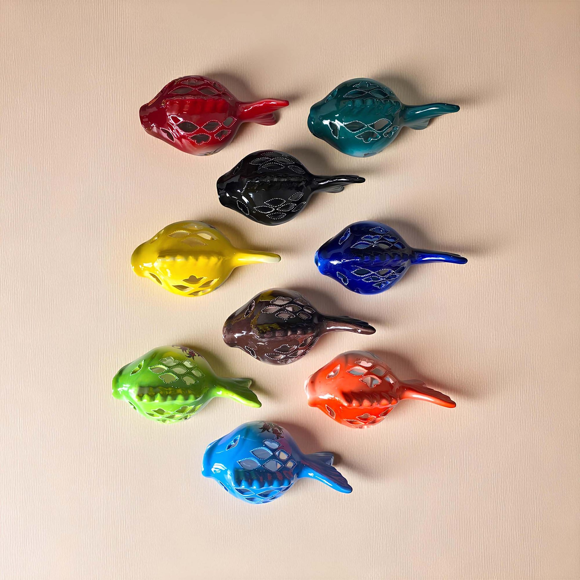 Fish design ceramic tealight candle holder handmade, artisan hand-painted ceramic lantern for home décor, works with real tealight or LED candles