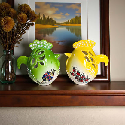 Rooster design ceramic tealight candle holder handmade, artisan hand-painted rooster lantern, fits real tealight or LED candles for rustic home décor