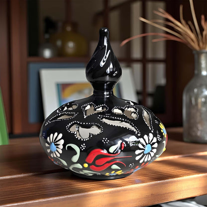 Minaret design ceramic tealight candle holder handmade, artisan hand-painted ceramic lantern for home décor, fits real tealight or LED candles