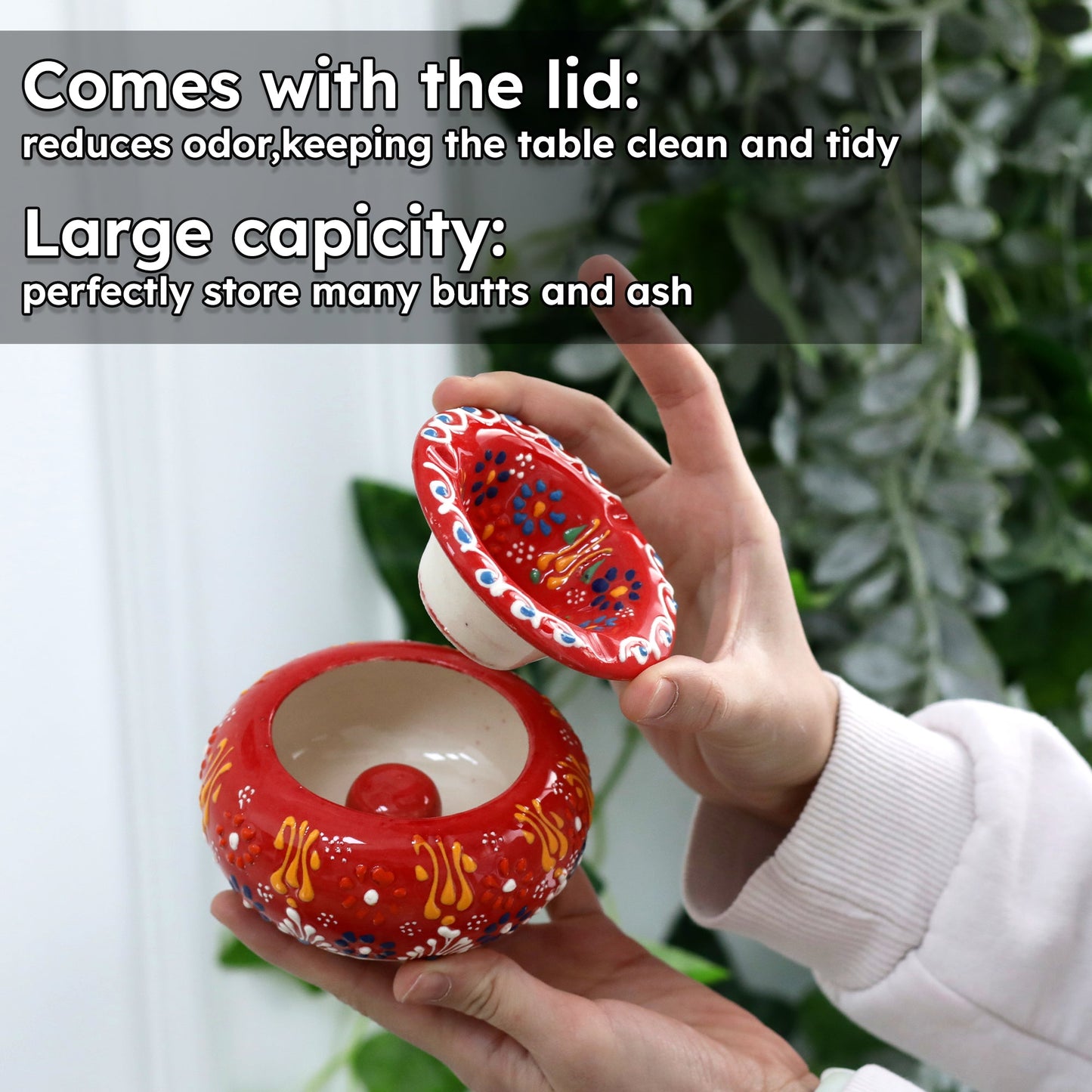 Handmade ceramic ashtray with lid. Windproof, odor-containing design makes this ashtray with lid stylish, practical, and ideal for indoor or outdoor use.