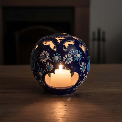 Orb design ceramic tealight candle holder handmade, artisan hand-painted round ceramic lantern for home décor, fits real tealight or LED candles
