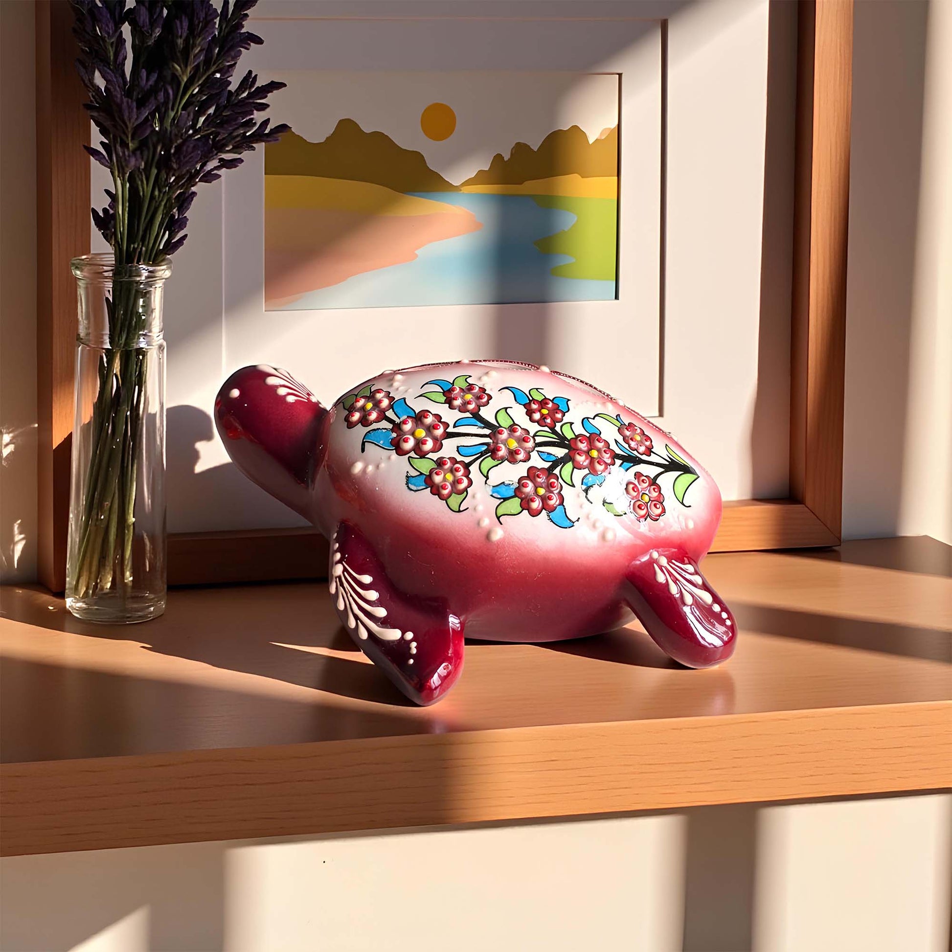 Hand-painted turtle design ceramic tealight candle holder, artisan handmade lantern for home décor, fits real tealight or LED candles