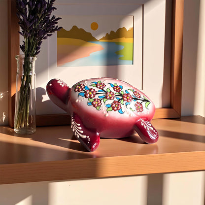 Hand-painted turtle design ceramic tealight candle holder, artisan handmade lantern for home décor, fits real tealight or LED candles