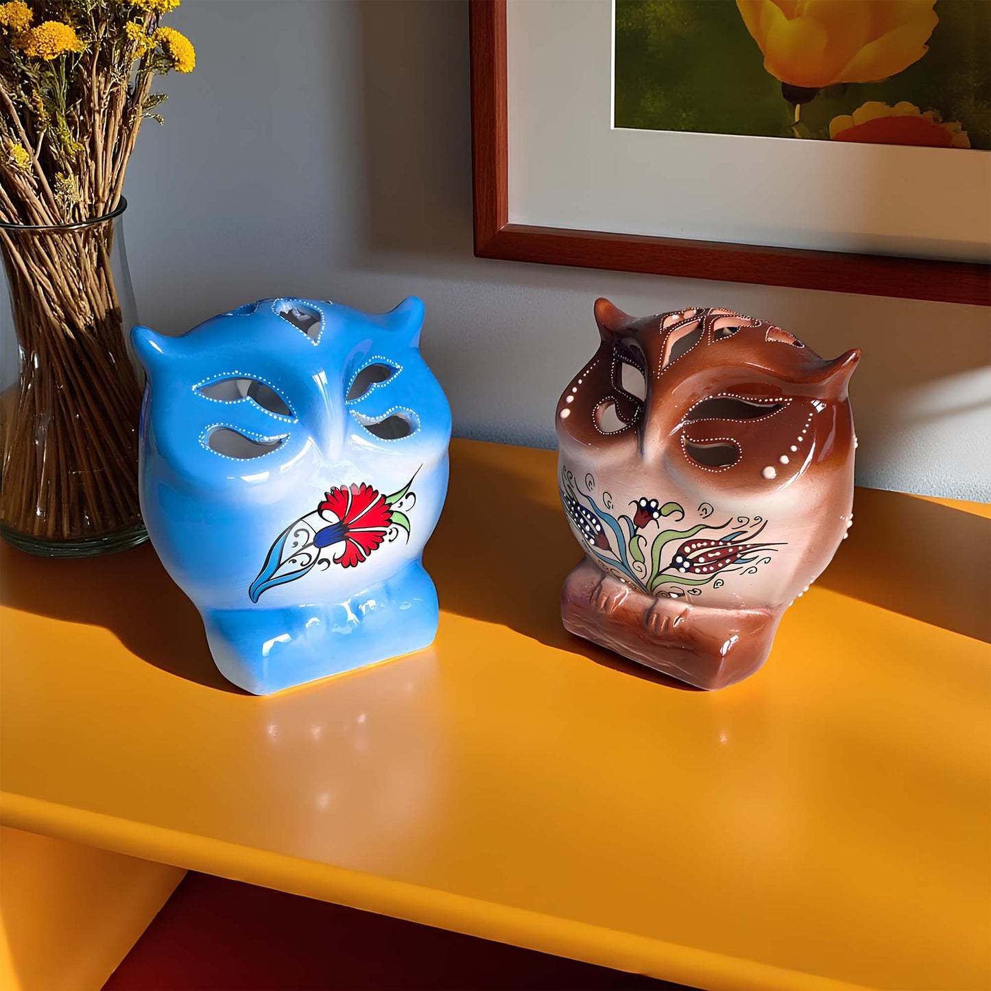 Owl design ceramic tealight candle holder handmade, artisan hand-painted owl-shaped lantern, fits real tealight or LED candles for cozy home décor