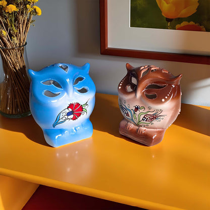 Owl design ceramic tealight candle holder handmade, artisan hand-painted owl-shaped lantern, fits real tealight or LED candles for cozy home décor