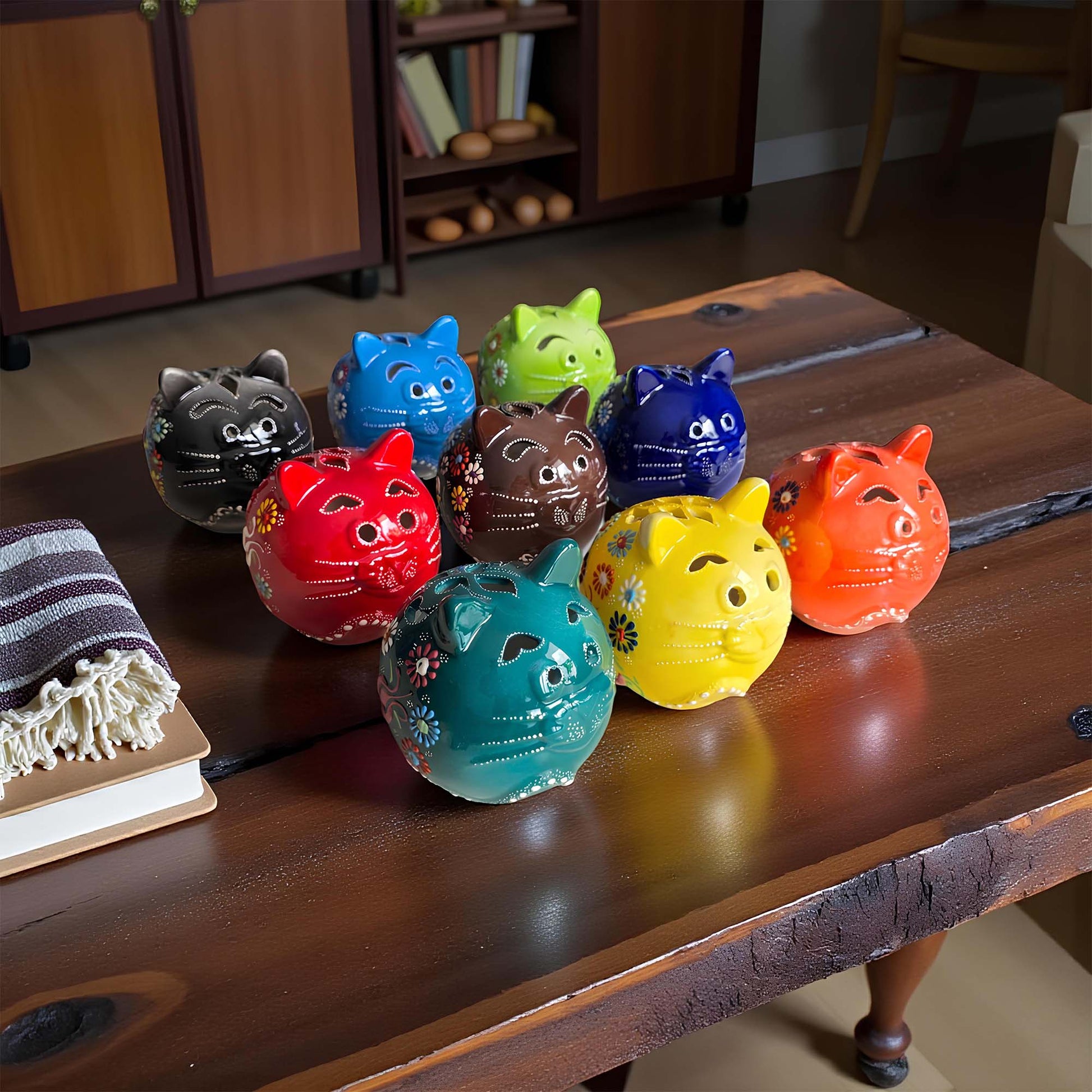 Cat design ceramic tealight candle holder handmade, hand-painted lantern for home décor, artisan ceramic candle holder for real or LED tealight candles