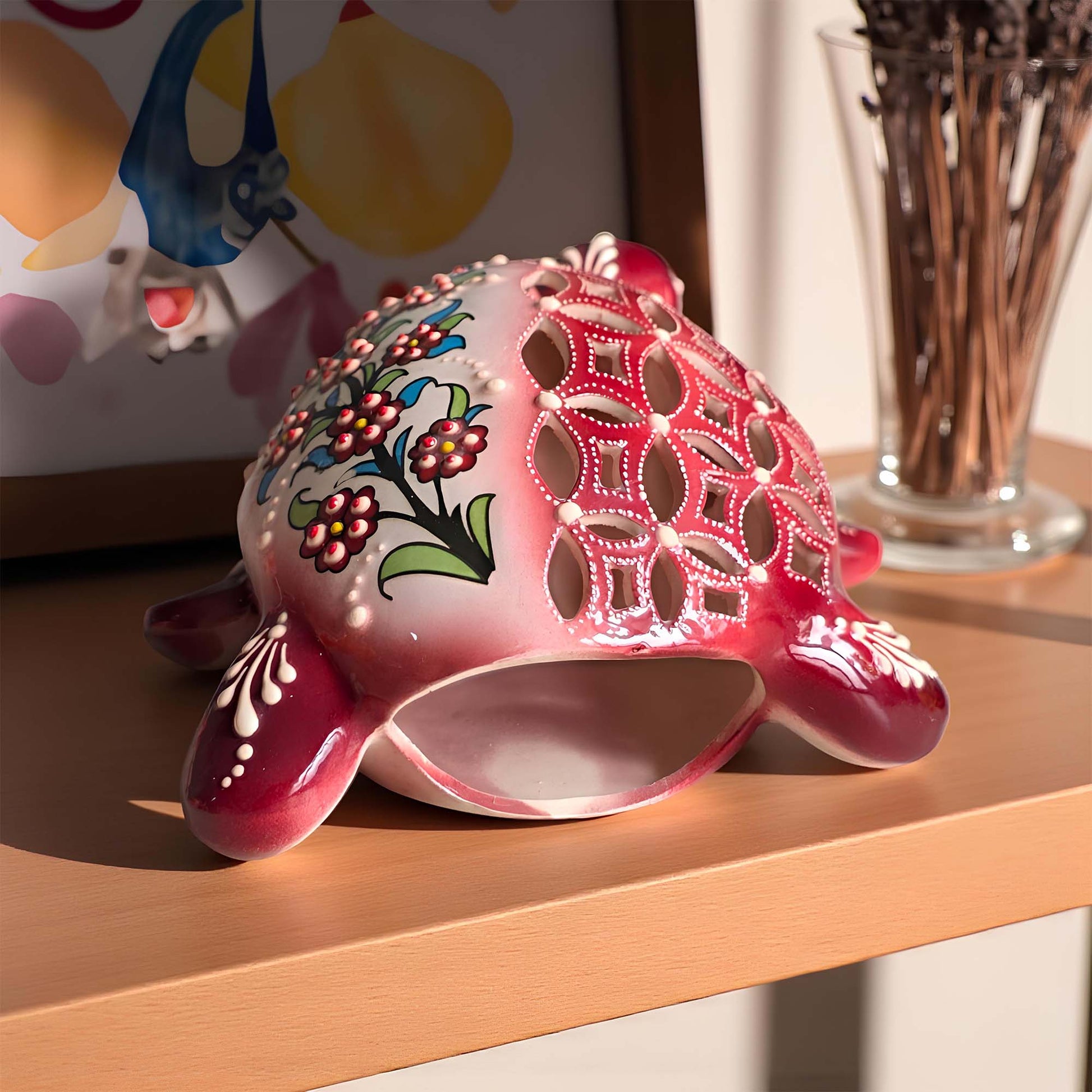 Hand-painted turtle design ceramic tealight candle holder, artisan handmade lantern for home décor, fits real tealight or LED candles