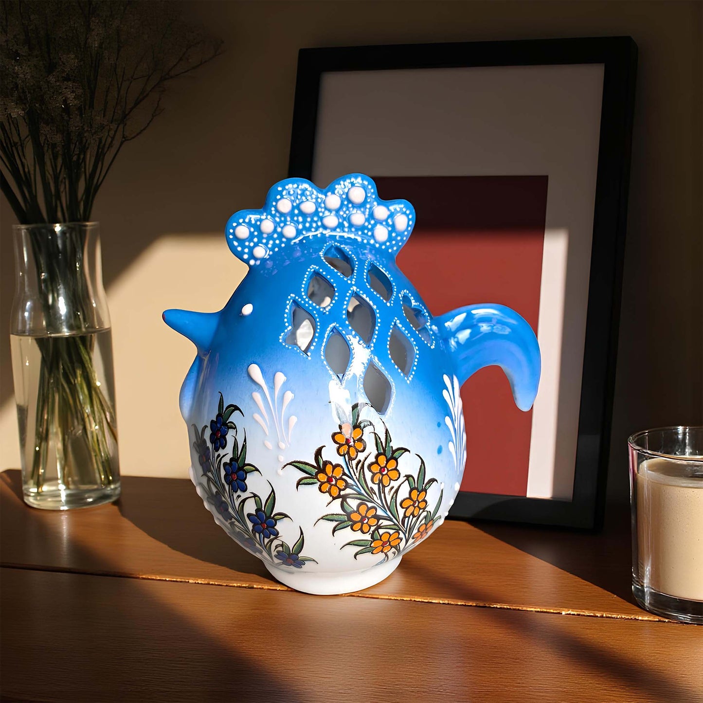 Rooster design ceramic tealight candle holder handmade, artisan hand-painted rooster lantern, fits real tealight or LED candles for rustic home décor