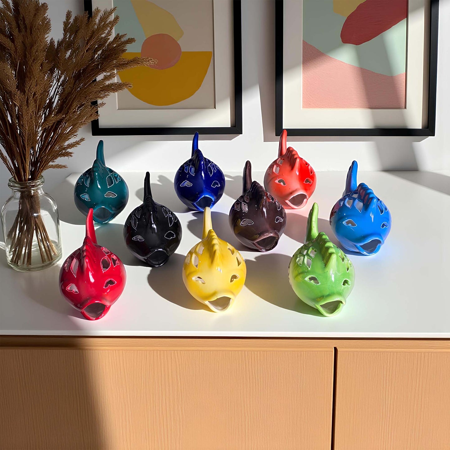 Fish design ceramic tealight candle holder handmade, artisan hand-painted ceramic lantern for home décor, works with real tealight or LED candles