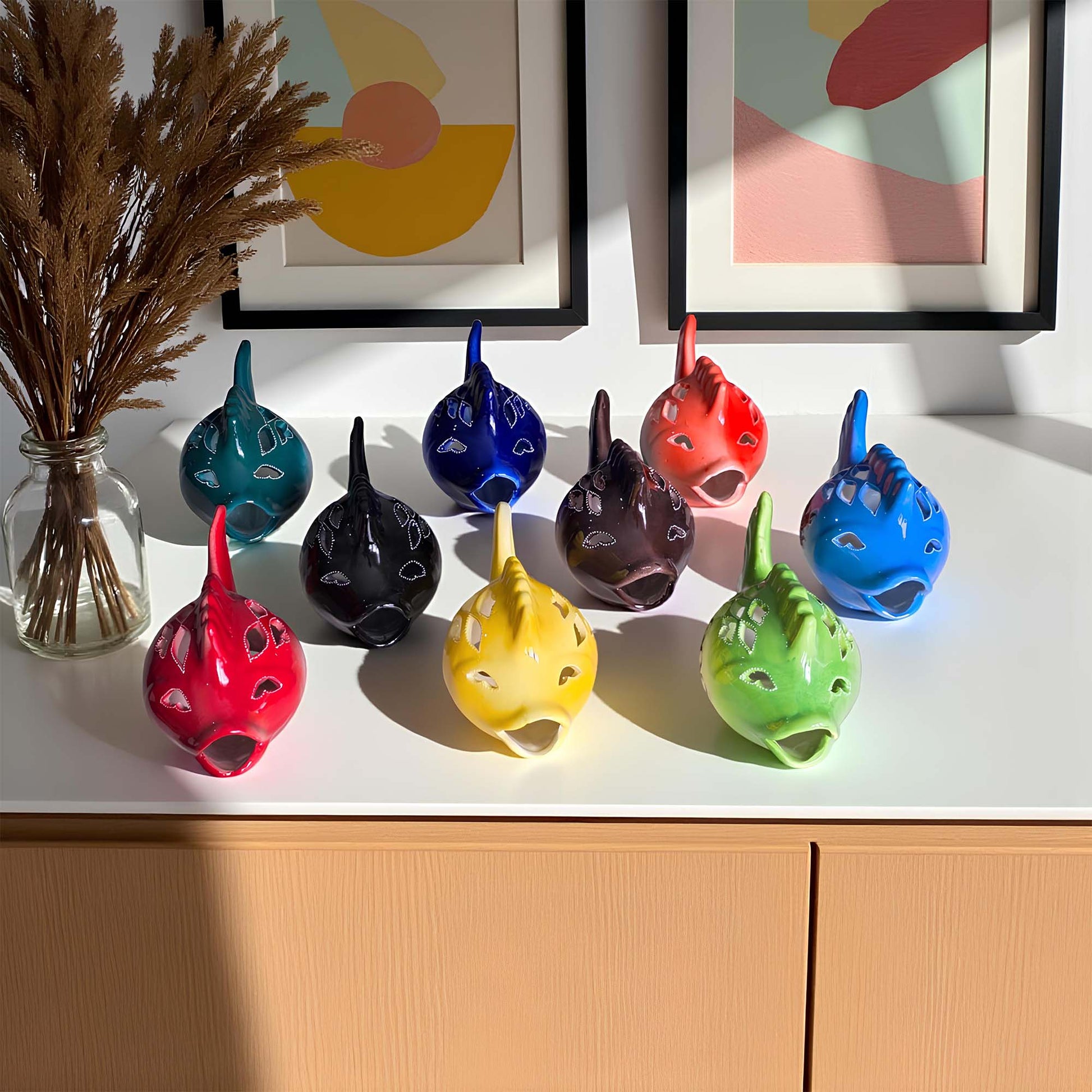 Fish design ceramic tealight candle holder handmade, artisan hand-painted ceramic lantern for home décor, works with real tealight or LED candles