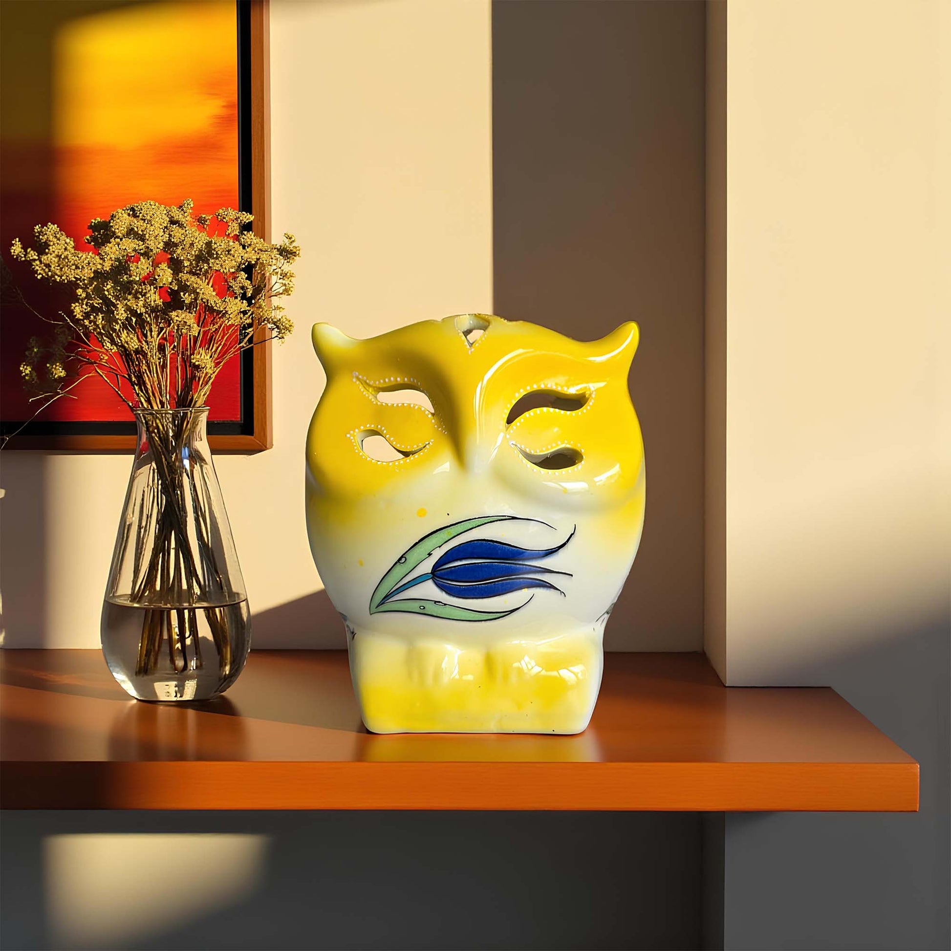 Owl design ceramic tealight candle holder handmade, artisan hand-painted owl-shaped lantern, fits real tealight or LED candles for cozy home décor