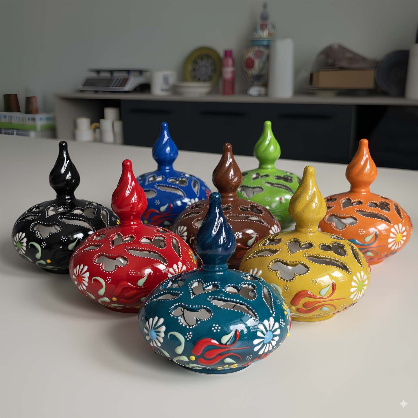 Minaret design ceramic tealight candle holder handmade, artisan hand-painted ceramic lantern for home décor, fits real tealight or LED candles