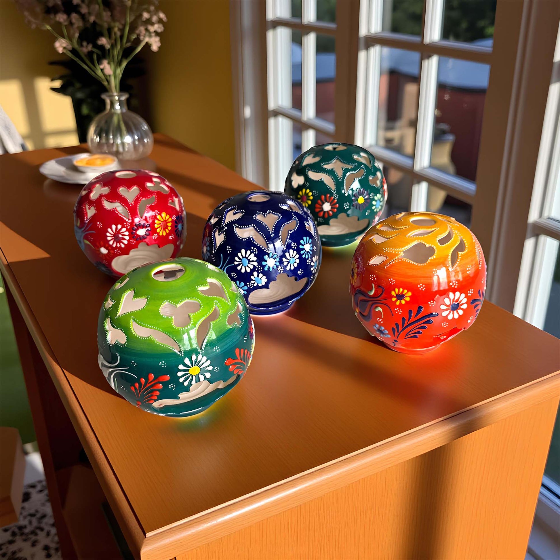 Orb design ceramic tealight candle holder handmade, artisan hand-painted round ceramic lantern for home décor, fits real tealight or LED candles