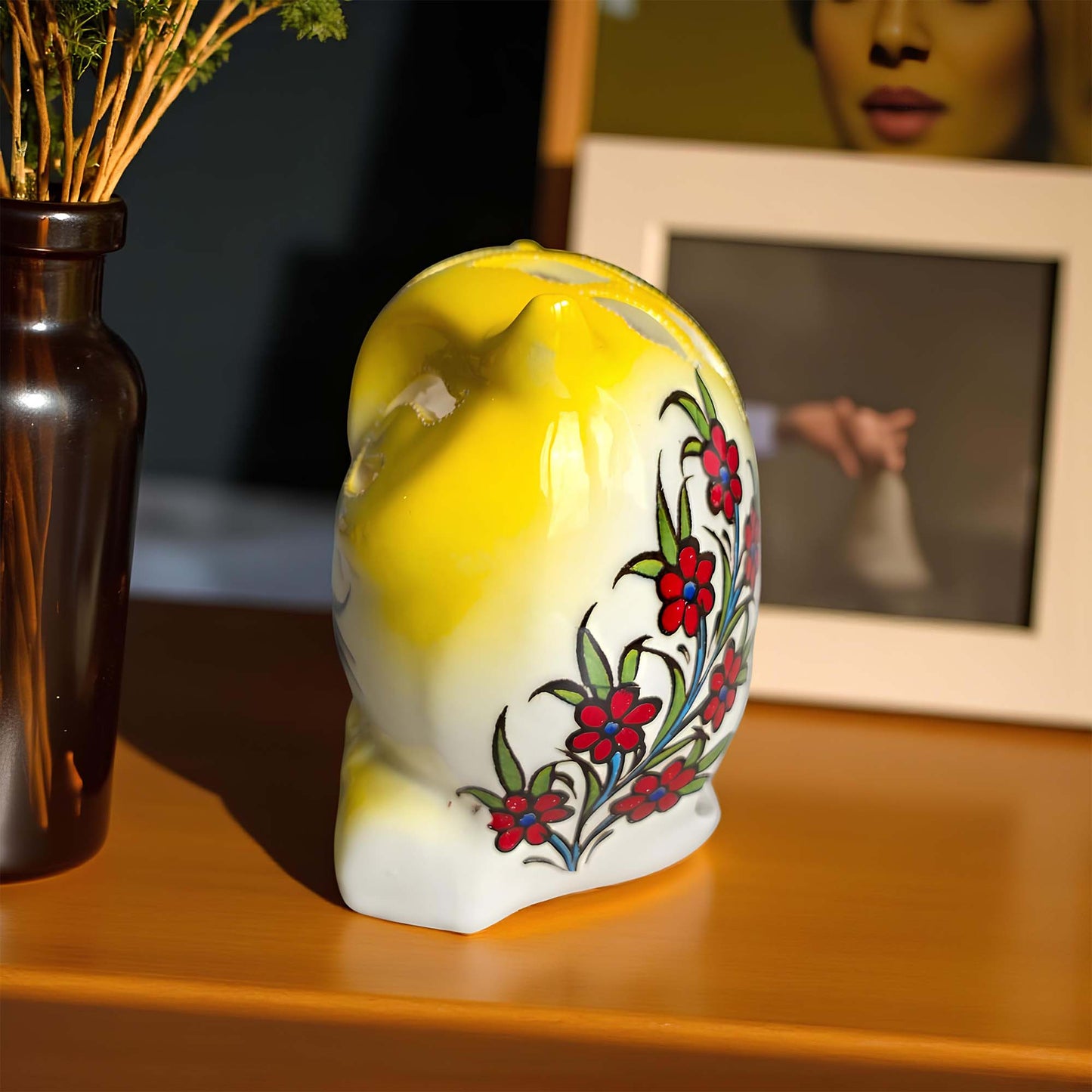 Owl design ceramic tealight candle holder handmade, artisan hand-painted owl-shaped lantern, fits real tealight or LED candles for cozy home décor