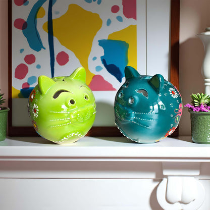 Cat design ceramic tealight candle holder handmade, hand-painted lantern for home décor, artisan ceramic candle holder for real or LED tealight candles