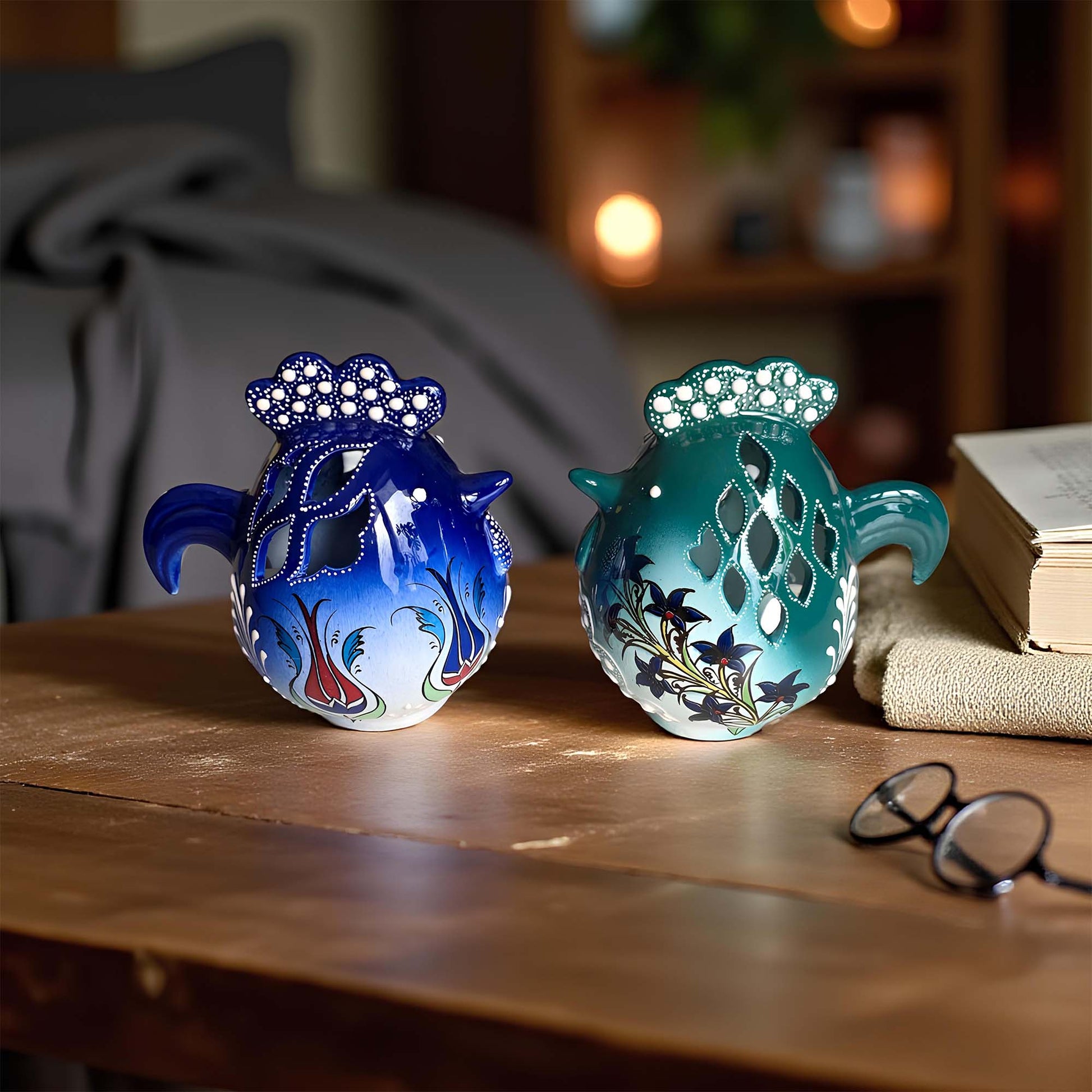 Rooster design ceramic tealight candle holder handmade, artisan hand-painted rooster lantern, fits real tealight or LED candles for rustic home décor