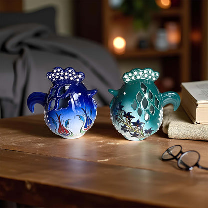 Rooster design ceramic tealight candle holder handmade, artisan hand-painted rooster lantern, fits real tealight or LED candles for rustic home décor