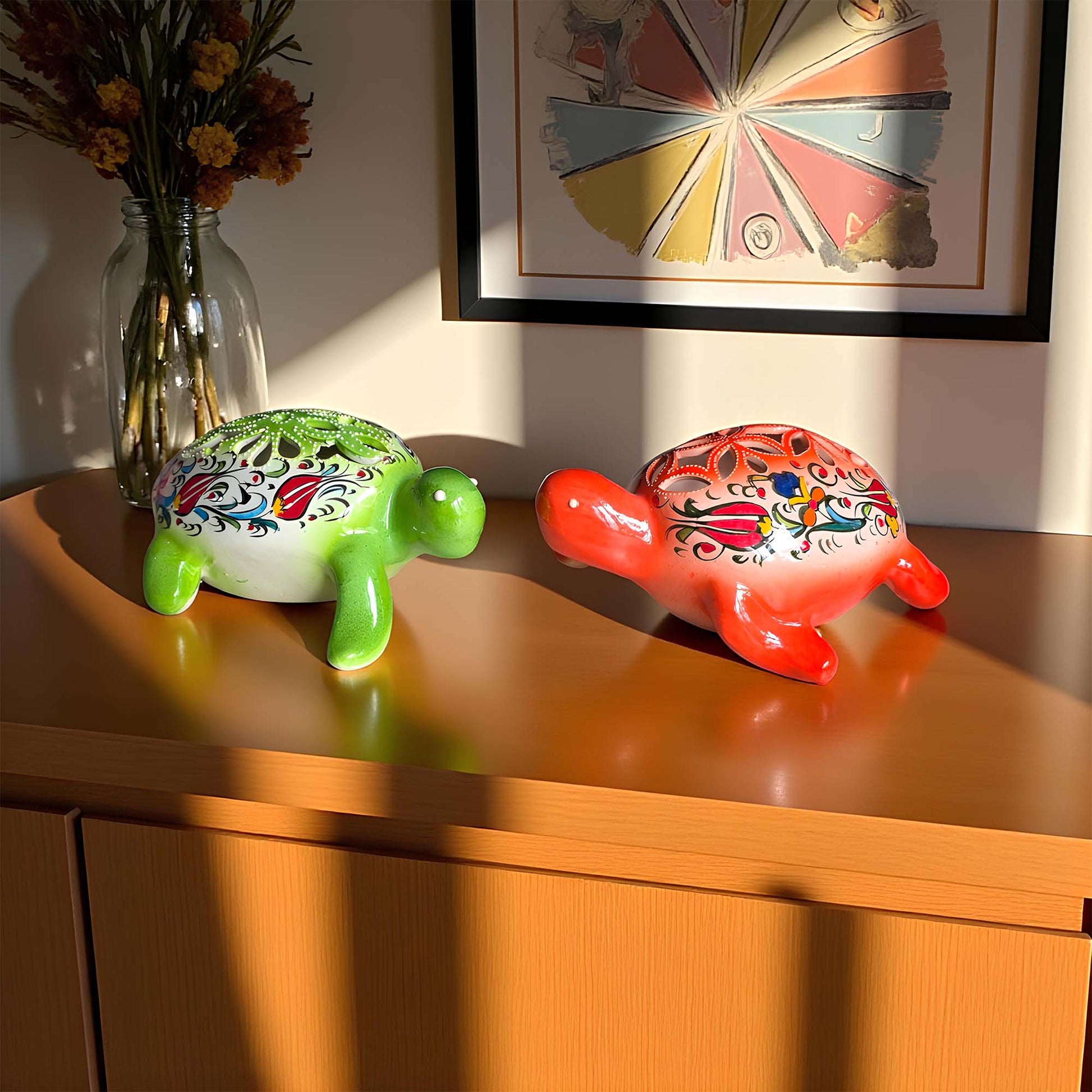 Hand-painted turtle design ceramic tealight candle holder, artisan handmade lantern for home décor, fits real tealight or LED candles