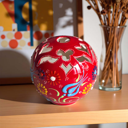 Orb design ceramic tealight candle holder handmade, artisan hand-painted round ceramic lantern for home décor, fits real tealight or LED candles