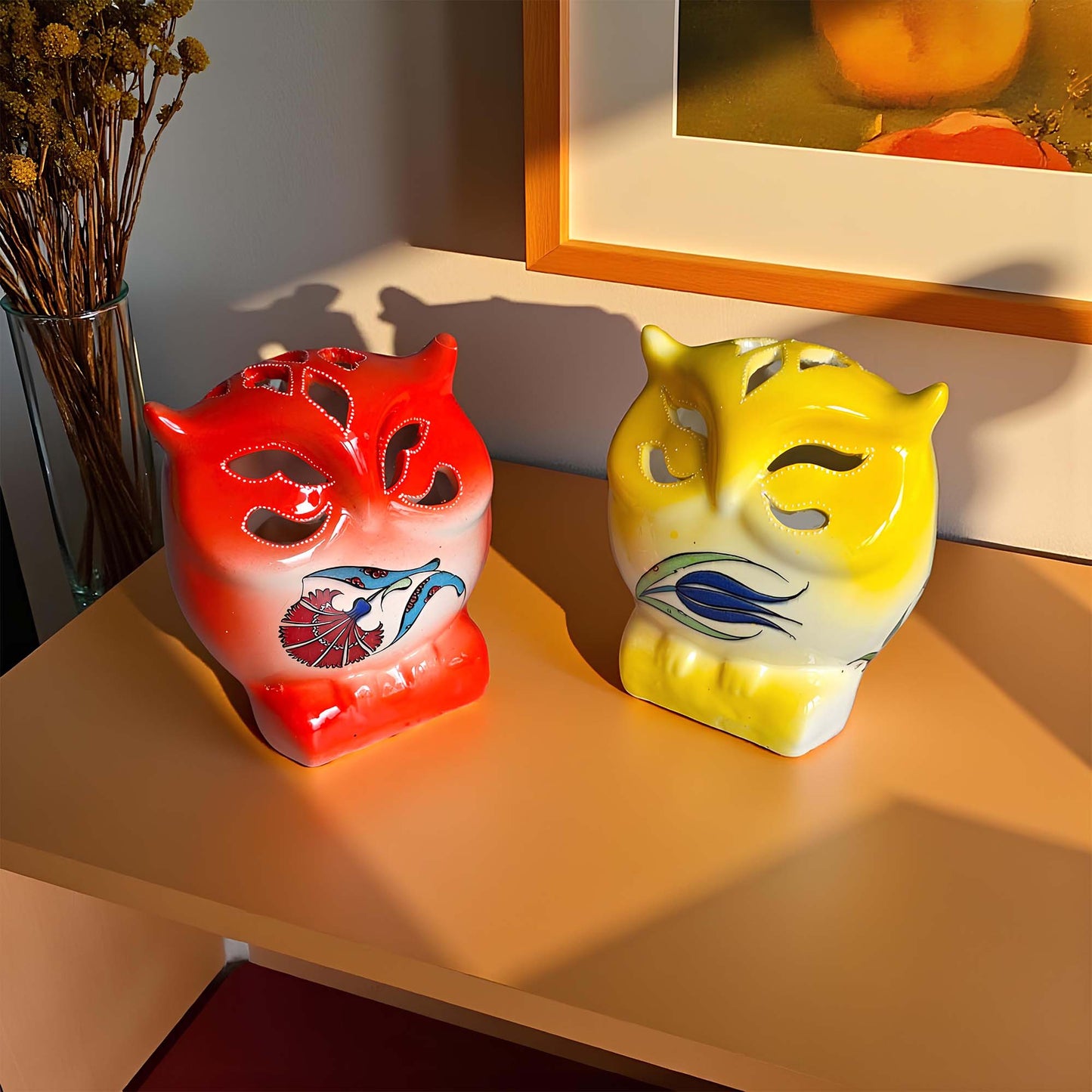 Owl design ceramic tealight candle holder handmade, artisan hand-painted owl-shaped lantern, fits real tealight or LED candles for cozy home décor