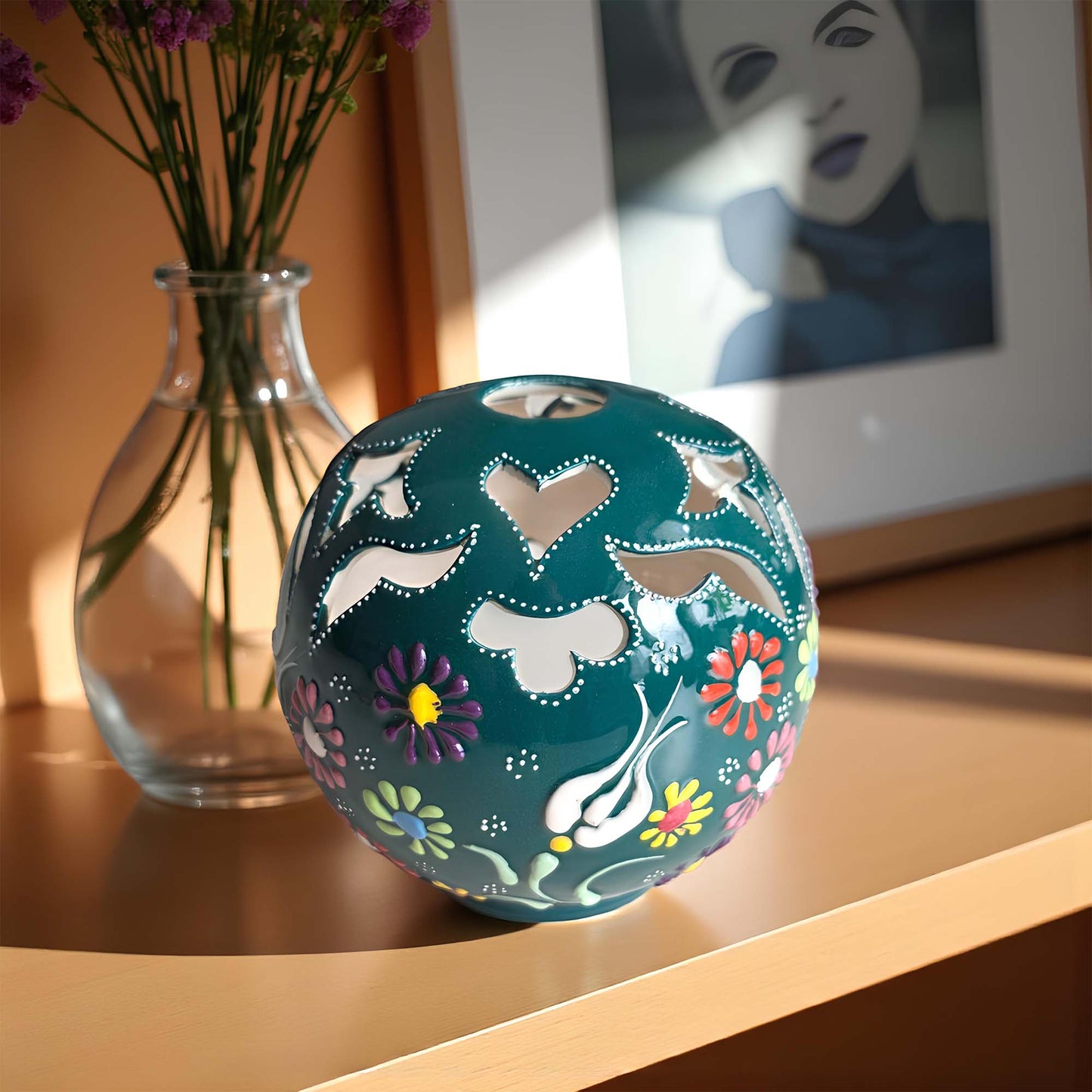 Orb design ceramic tealight candle holder handmade, artisan hand-painted round ceramic lantern for home décor, fits real tealight or LED candles